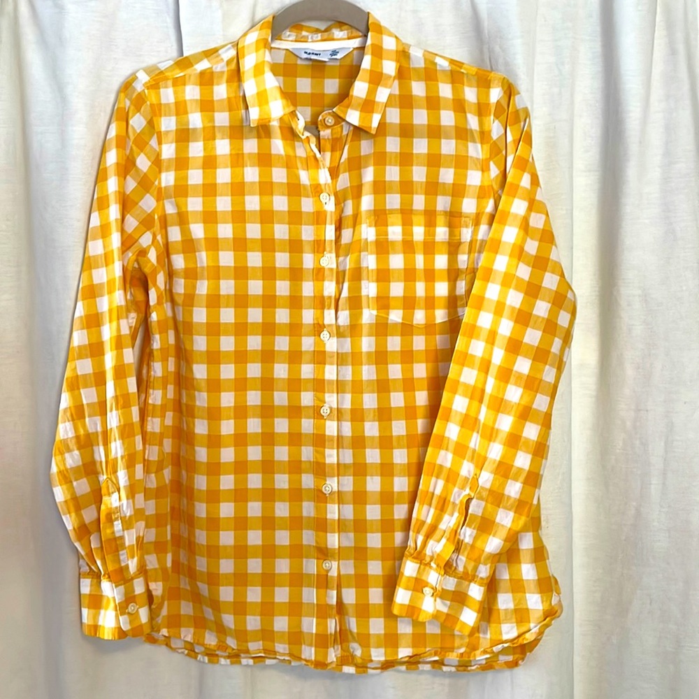 Yellow and white checkerboard collared long sleeve blouse